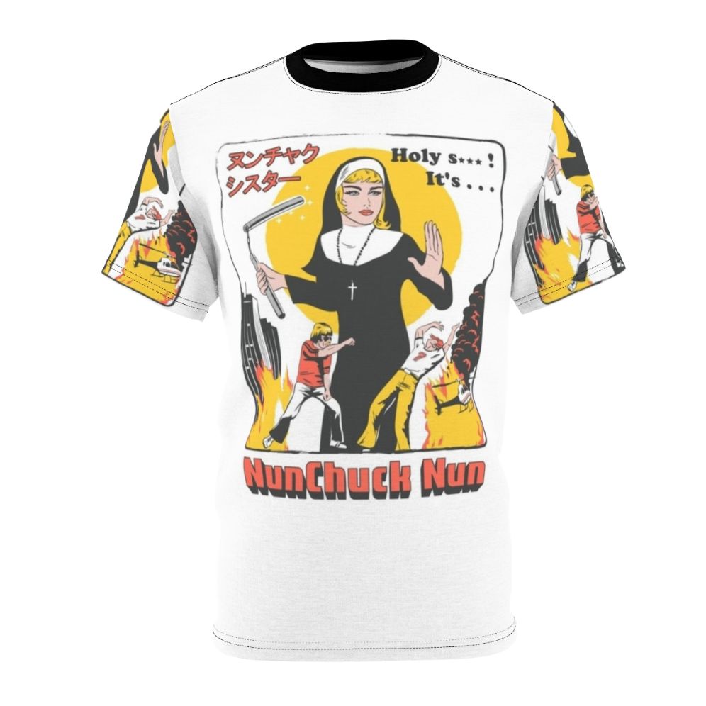 Nunchuck Nun graphic t-shirt design featuring a nun wielding nunchucks in a city setting