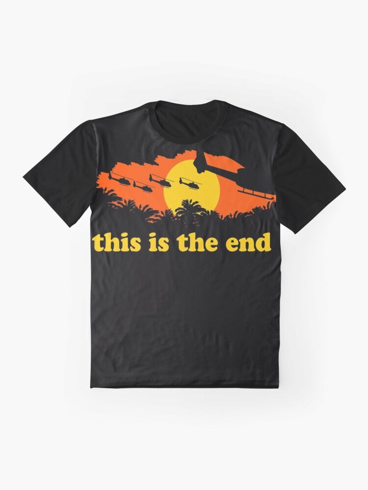 Apocalypse Now graphic t-shirt featuring "This is the End" text and movie references - Flat lay