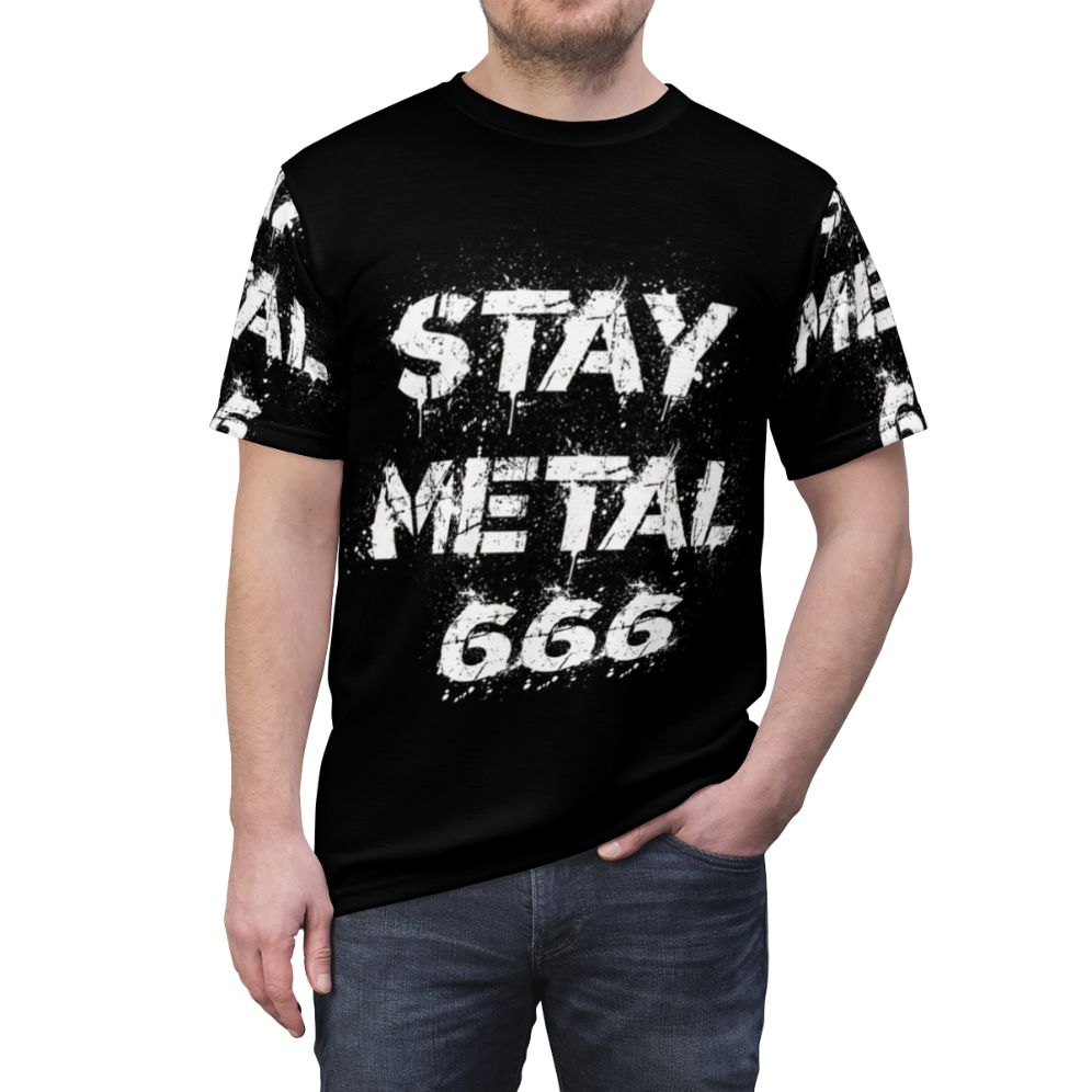 Heavy metal band inspired t-shirt with dark, gothic graphics and the number 666 - men front