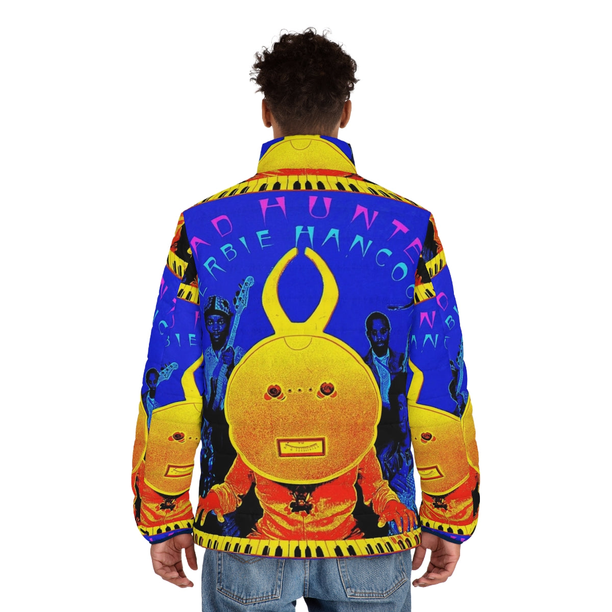 Puffer jacket inspired by the iconic Head Hunters album cover, featuring a vintage funk, soul, and jazz music design - men back