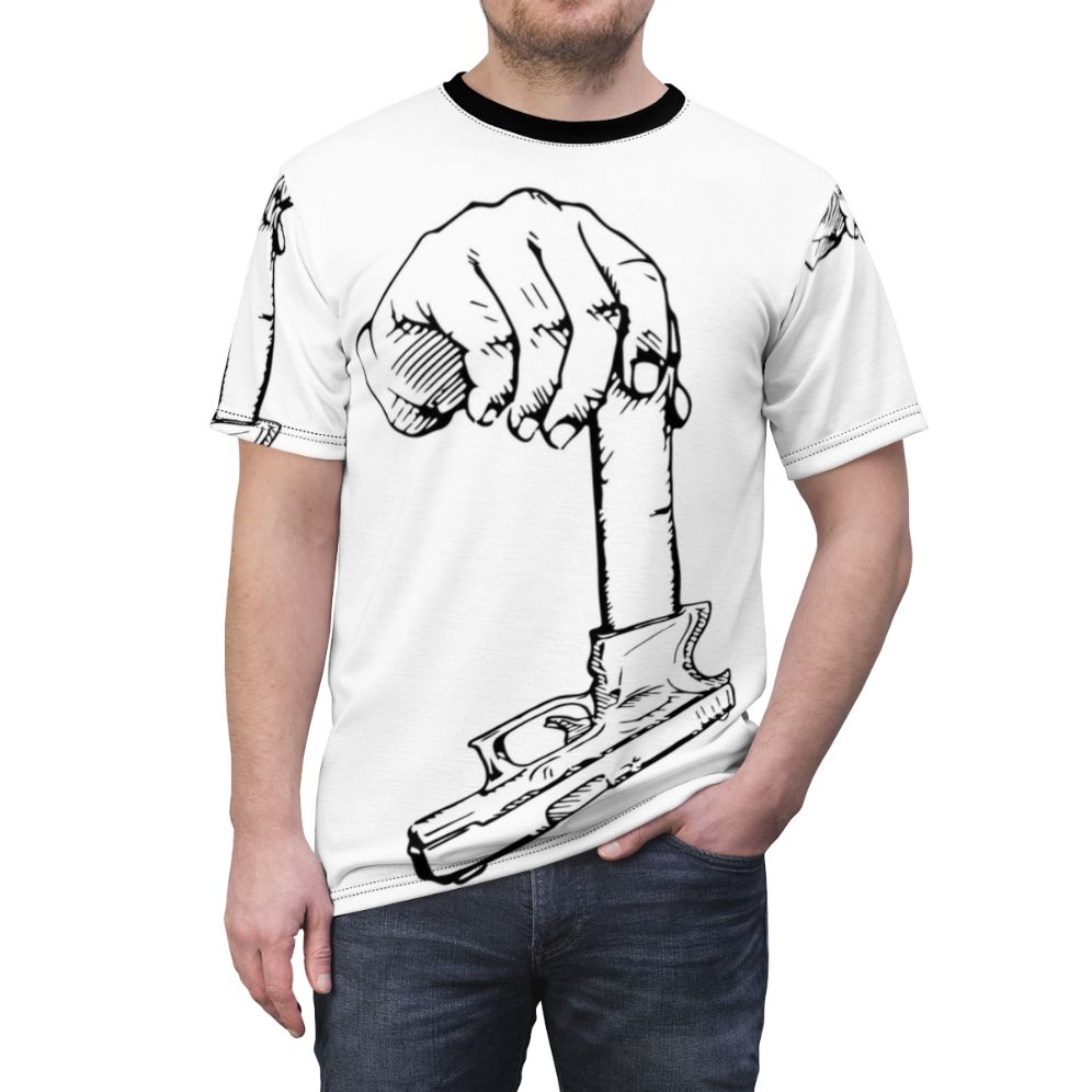 Stylish t-shirt with a trap and drill inspired design featuring an extended clip or magazine - men front