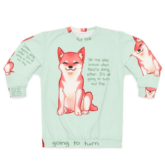 "Shiba Inu wearing a 'No One Knows' motivational sweatshirt"