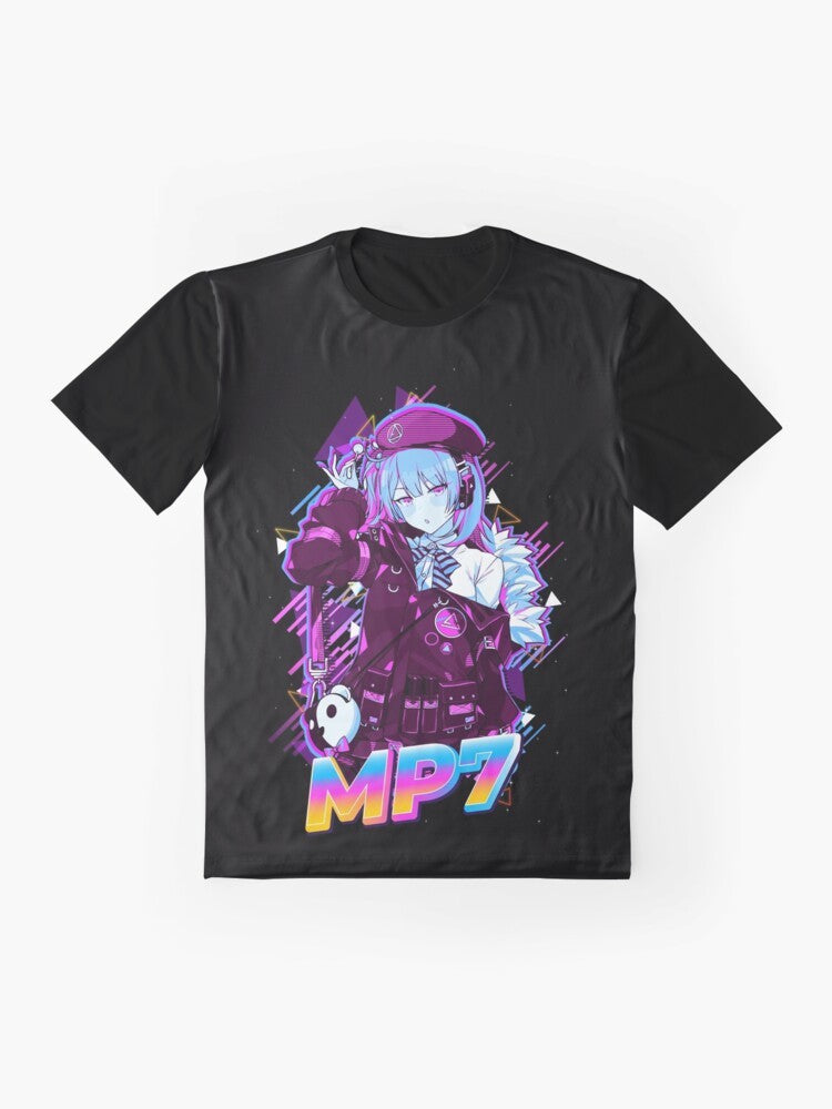 Girls Frontline anime graphic t-shirt featuring cute girl and gun design - Flat lay