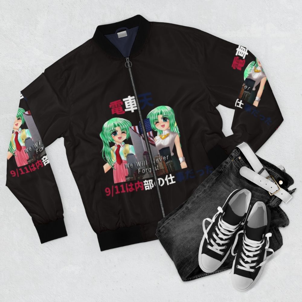 Bomber jacket featuring "Never Forget" design inspired by the Higurashi anime series - Flat lay