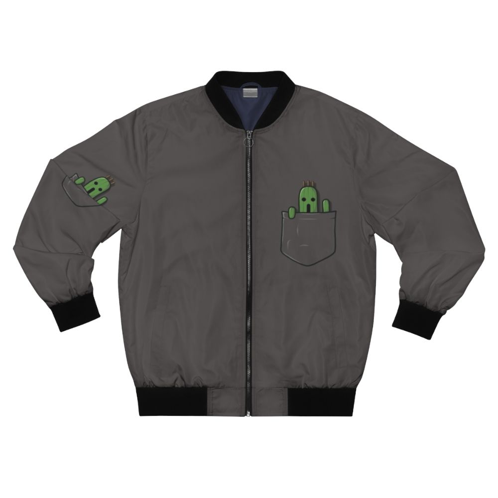 A bomber jacket featuring a cute cactuar design, inspired by the Final Fantasy video game series.