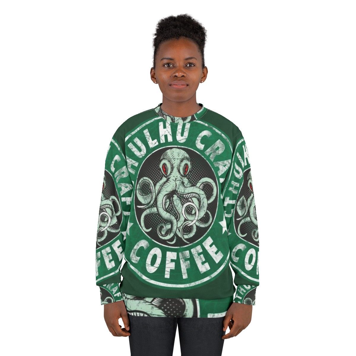 Cthulhu Craft Coffee Sweatshirt featuring a graphic design inspired by HP Lovecraft's The Call of Cthulhu - women