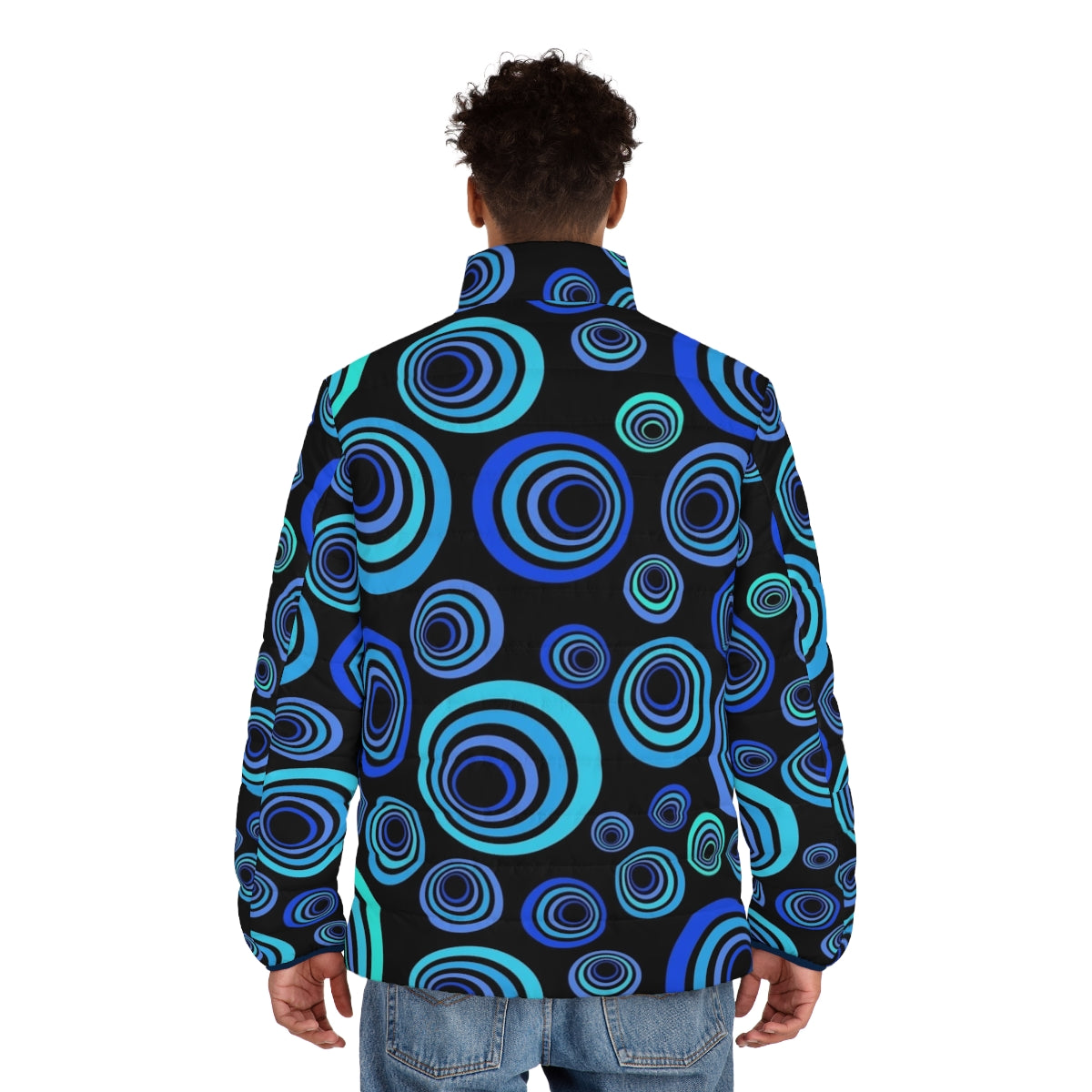 Retro blue abstract puffer jacket - men back