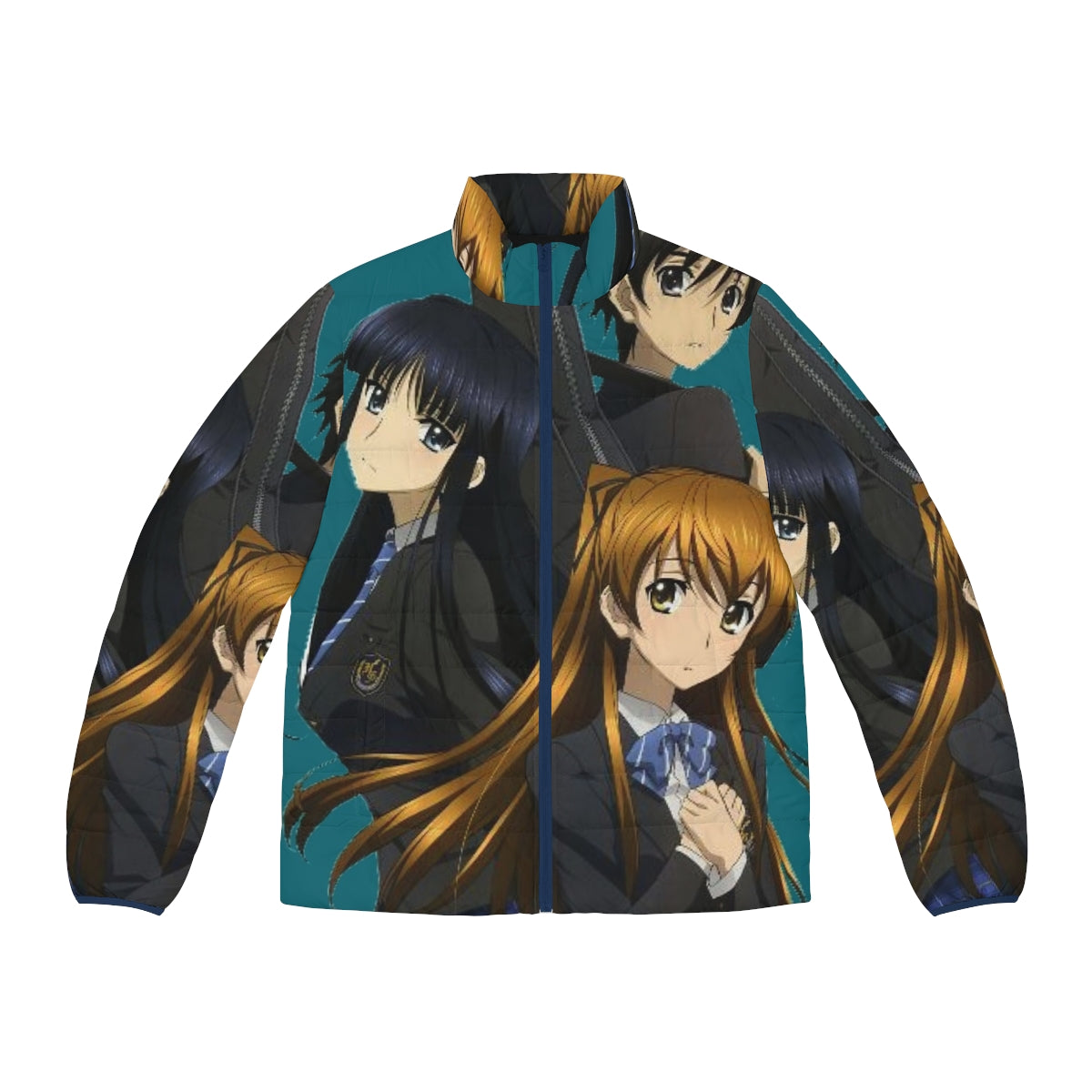 Anime-inspired puffer jacket with a kawaii design featuring a beautiful anime girl