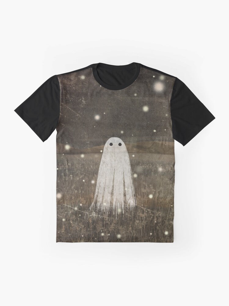 Vintage-style graphic t-shirt featuring glowing fireflies or lightning bugs against a dark, haunted background - Flat lay