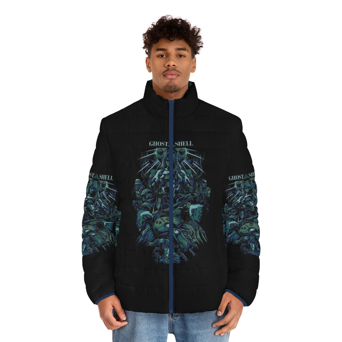 Ghost in the Shell Puffer Jacket featuring characters from the anime series - men front