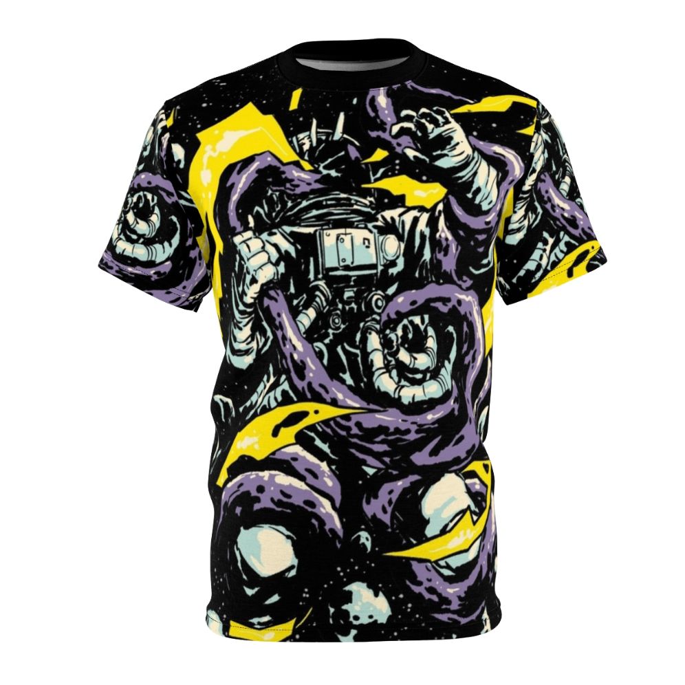 Visually striking t-shirt design featuring an astronaut in a battle with a monstrous space creature, in a cosmic setting.