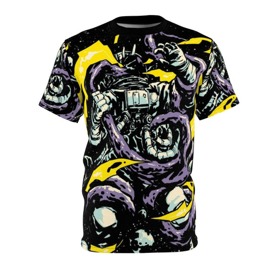 Visually striking t-shirt design featuring an astronaut in a battle with a monstrous space creature, in a cosmic setting.