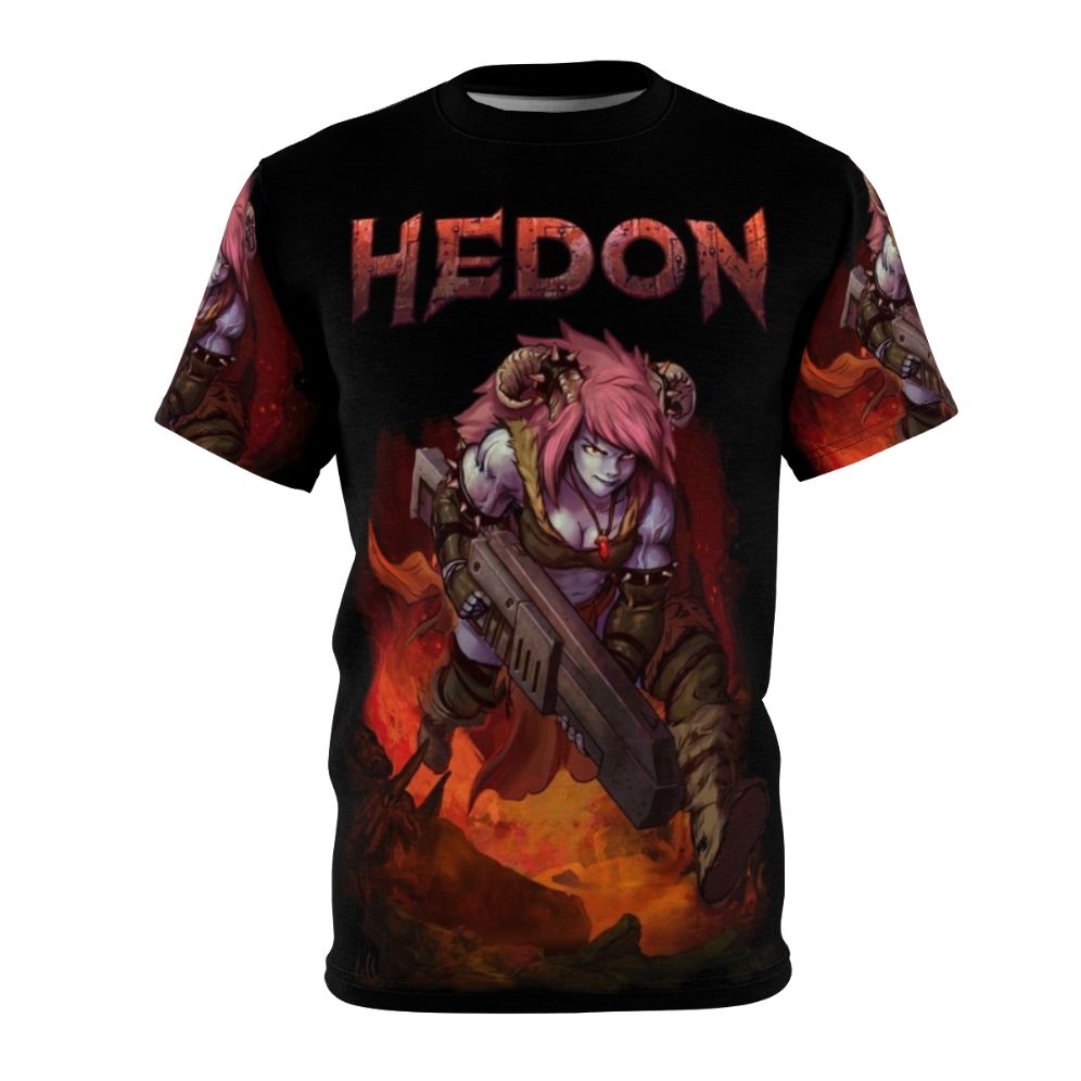 Hedon-inspired fantasy video game character splash art design on an all-over print t-shirt