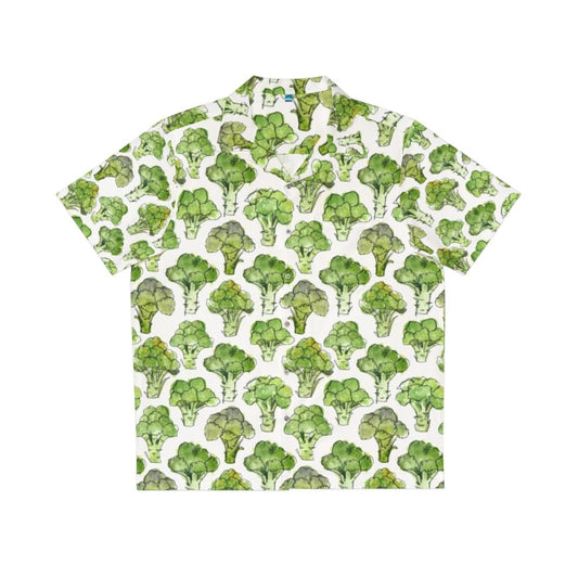 Watercolor broccoli pattern on a vibrant green Hawaiian shirt