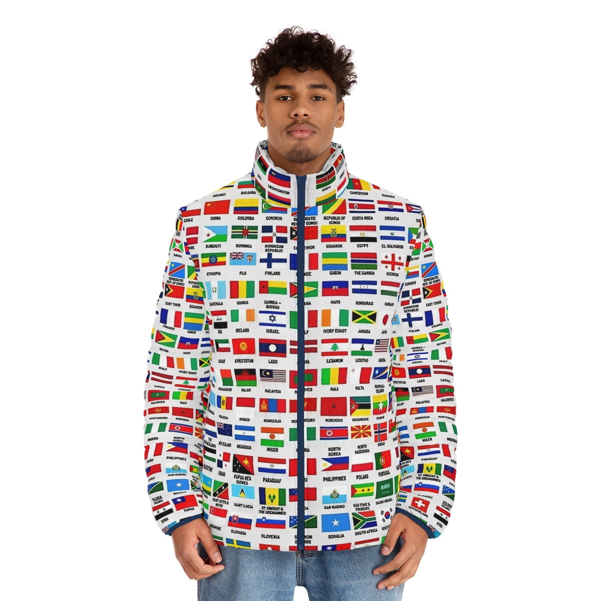 Vintage Flags of the World Puffer Jacket featuring a colorful world map design - men front