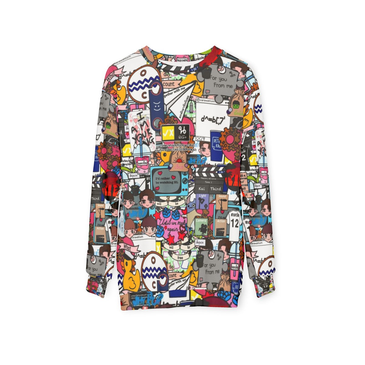 BL-themed sweatshirt with sticker bomb graphic - hanging