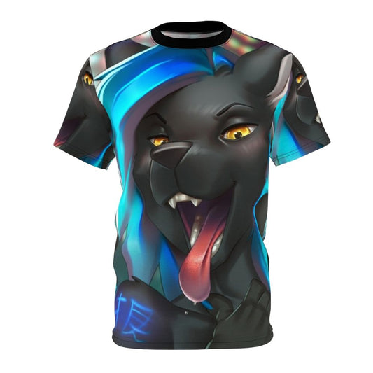 Vibrant anime-style illustration of a cat-like creature with a blue tongue and wolf-like features on a t-shirt