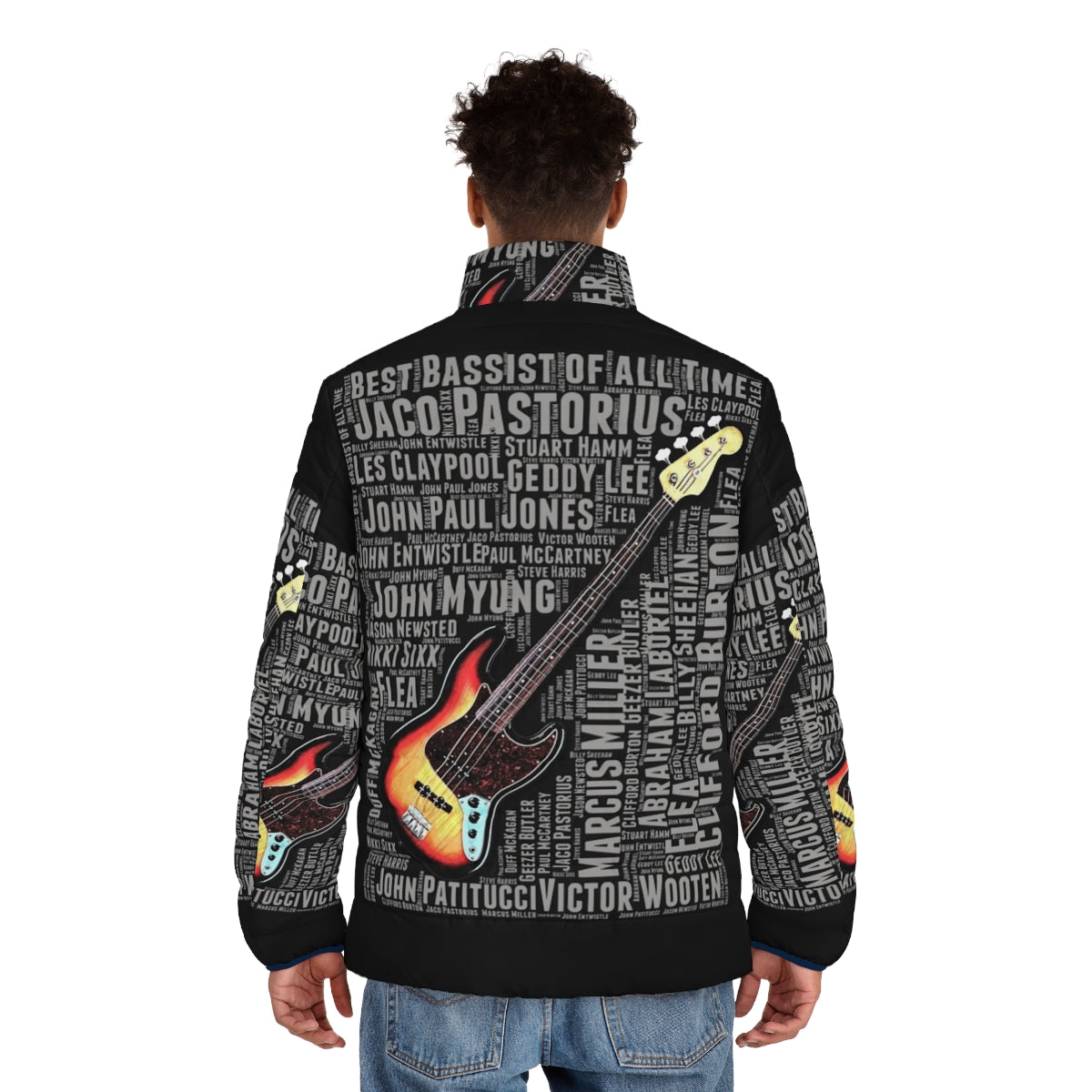 Puffer jacket featuring "Best Bassist of All Time" design, ideal for bass guitar players and music lovers - men back