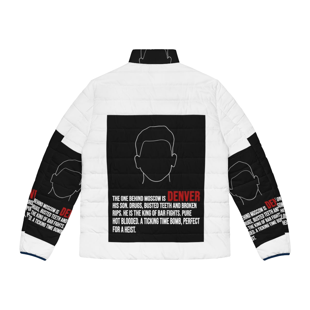 Denver House of Money Puffer Jacket featuring iconic Money Heist inspired lineart design - Back