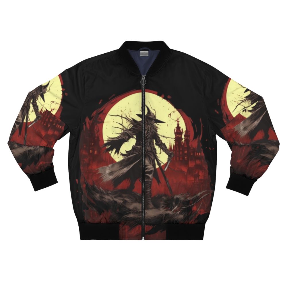 Bloodborne-inspired bomber jacket with horror-themed design, featuring eldritch and dark fantasy elements.