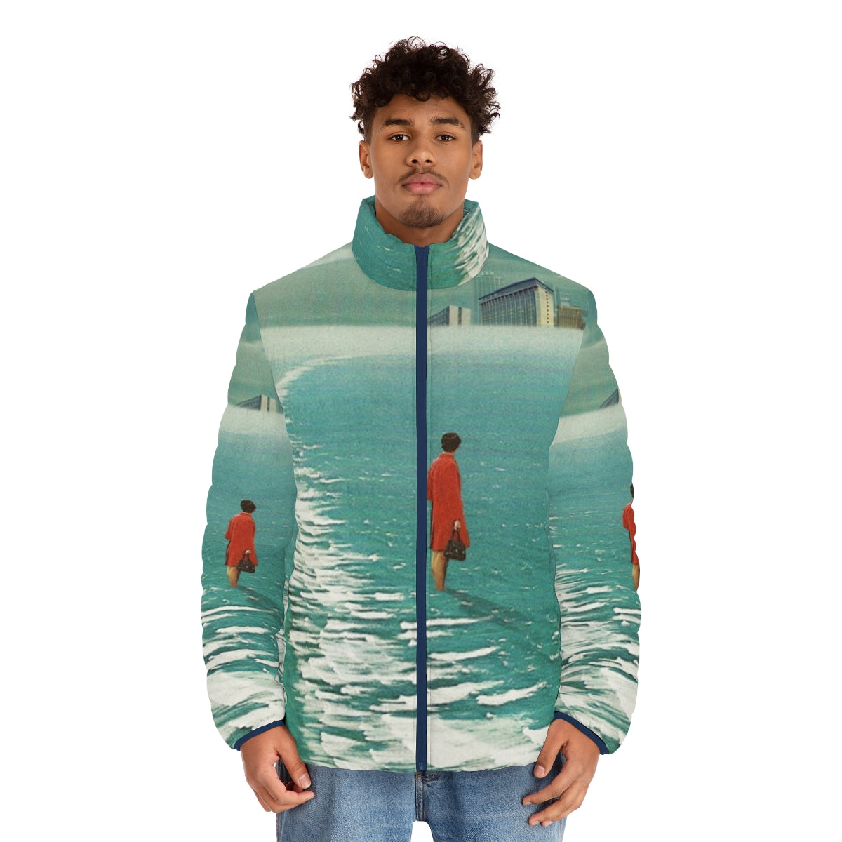 A surreal, post-apocalyptic puffer jacket with an urban landscape design of fading cities, dark skies, and waves. - men front