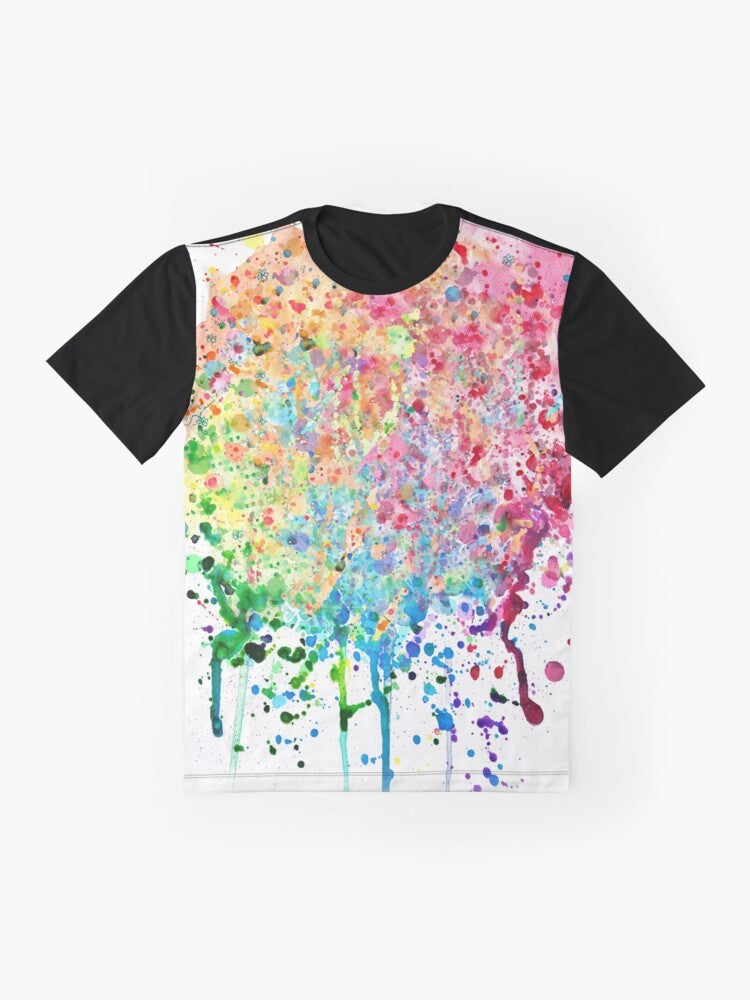 Colorful rainbow paint splatter and drip graphic design on a t-shirt - Flat lay