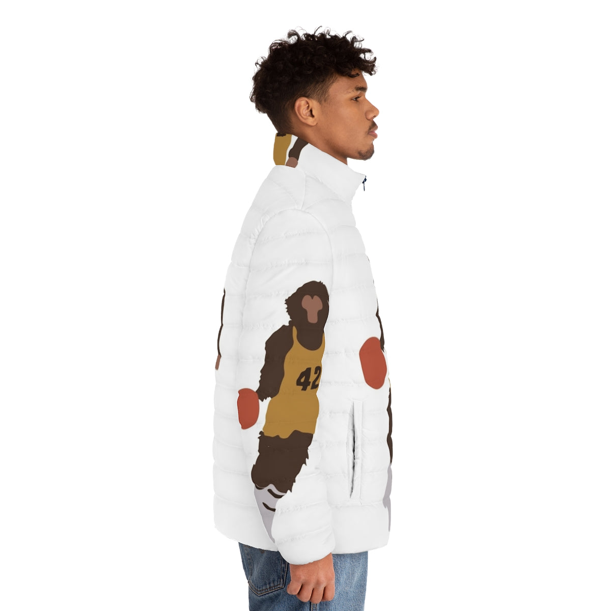 A stylish 80s-inspired teen wolf puffer jacket featuring iconic pop culture imagery - men side right