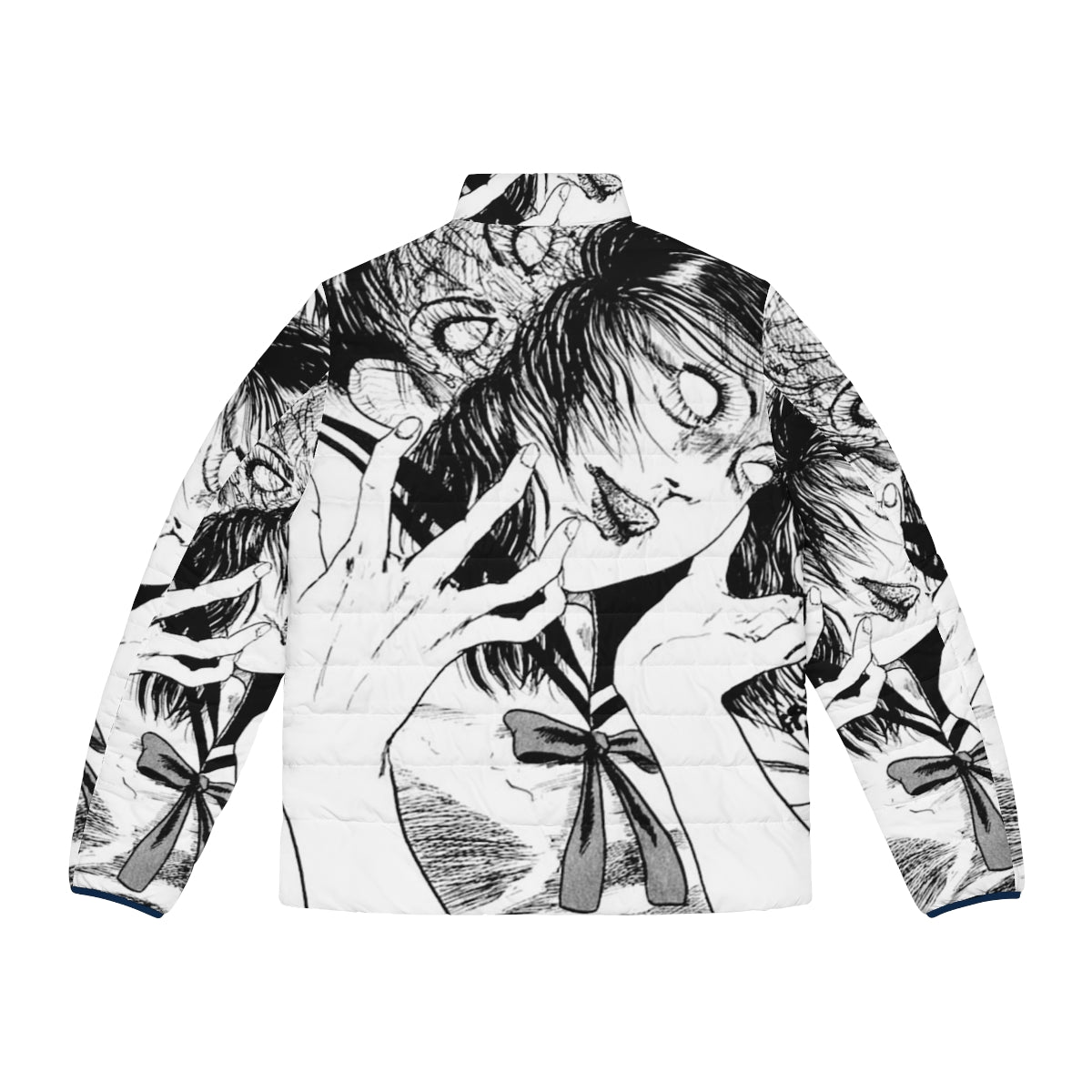 Monochrome puffer jacket with Junji Ito inspired horror manga design - Back