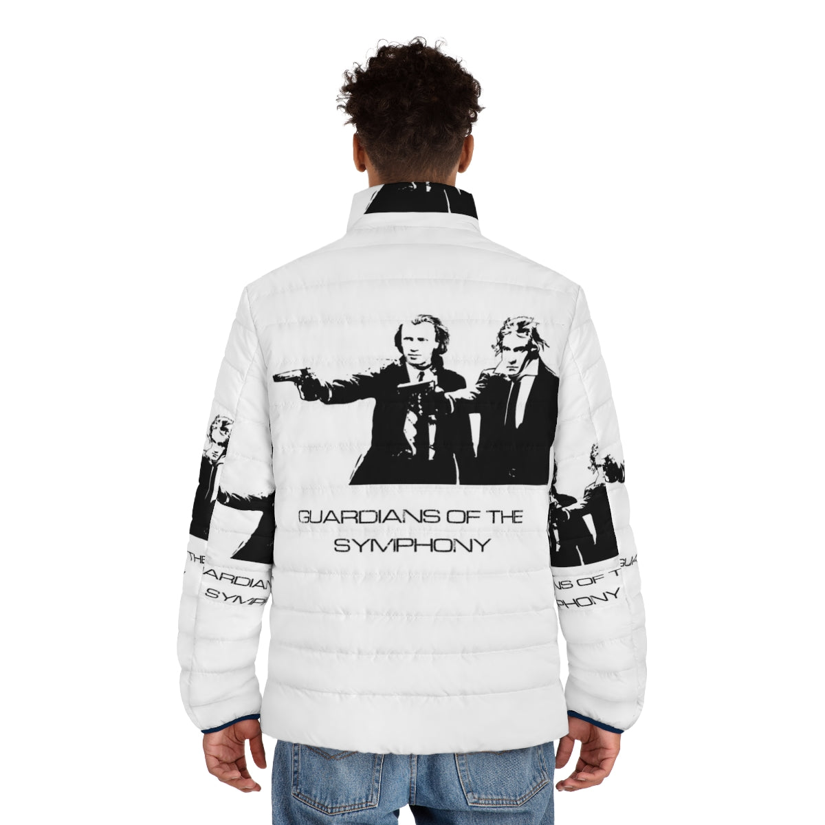 Composers puffer jacket featuring Brahms, Beethoven, and other classical music greats - men back