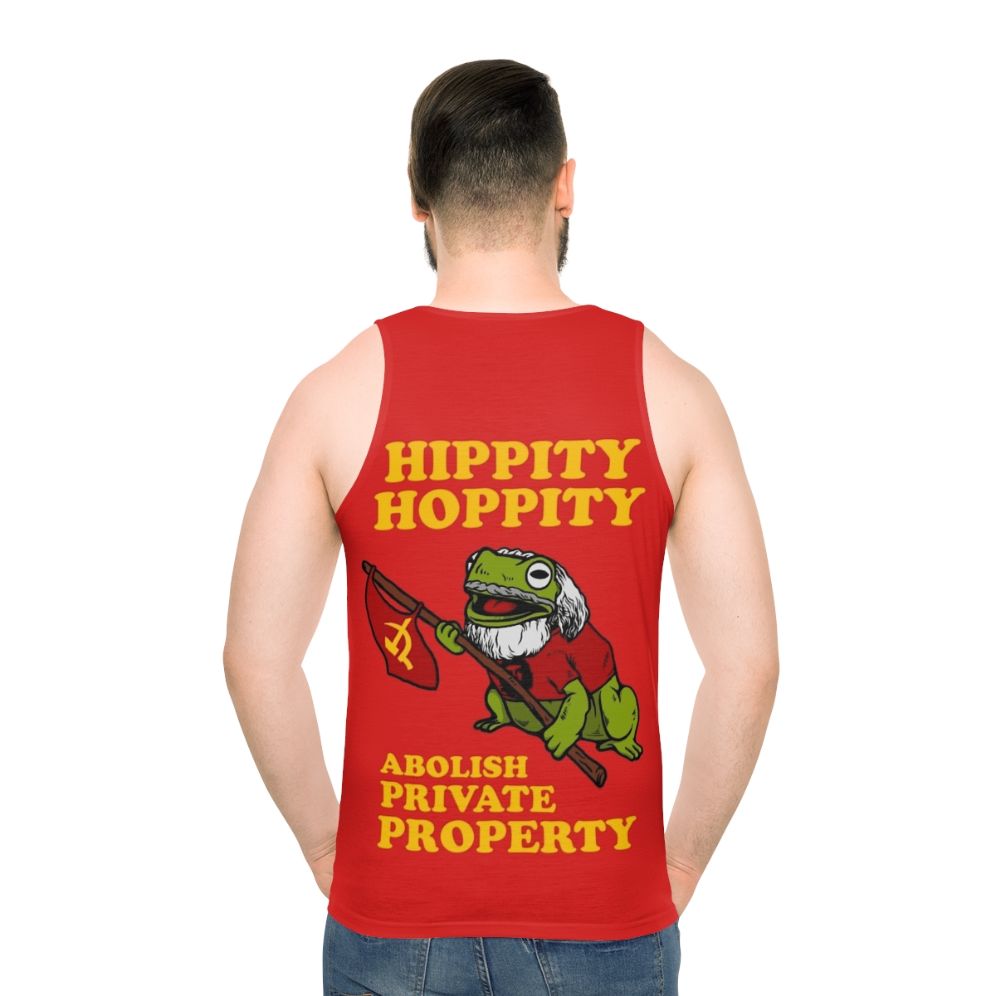 Unisex tank top with "Hippity Hoppity Abolish Private Property" design - men back