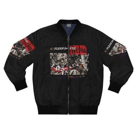 Goth and punk inspired bomber jacket with dark colors and edgy designs