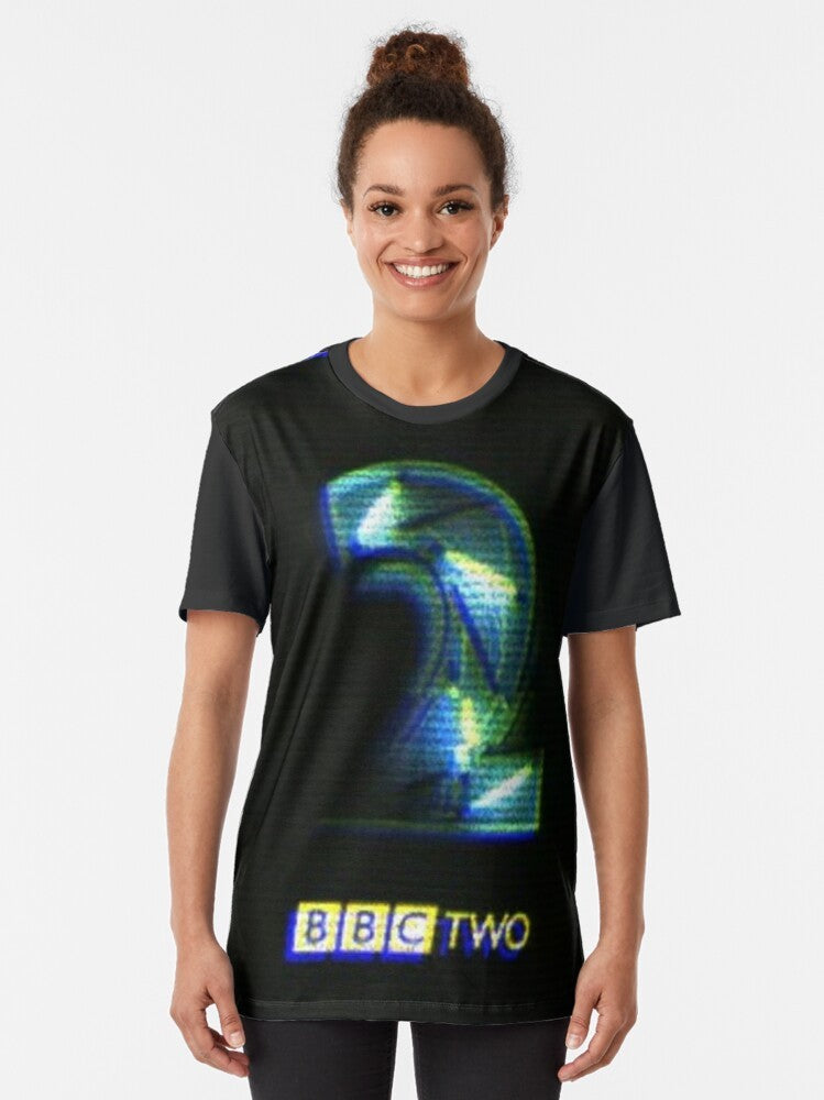 Vibrant neon BBC 2 logo graphic on a retro-style t-shirt for 90s fans - Women