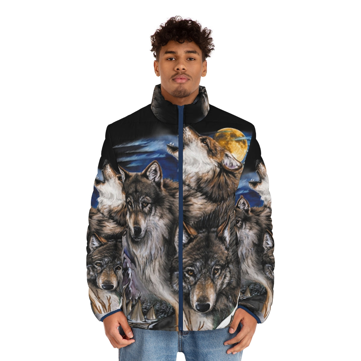 Howling wolves in the moonlight on a puffer jacket for outdoor adventure - men front