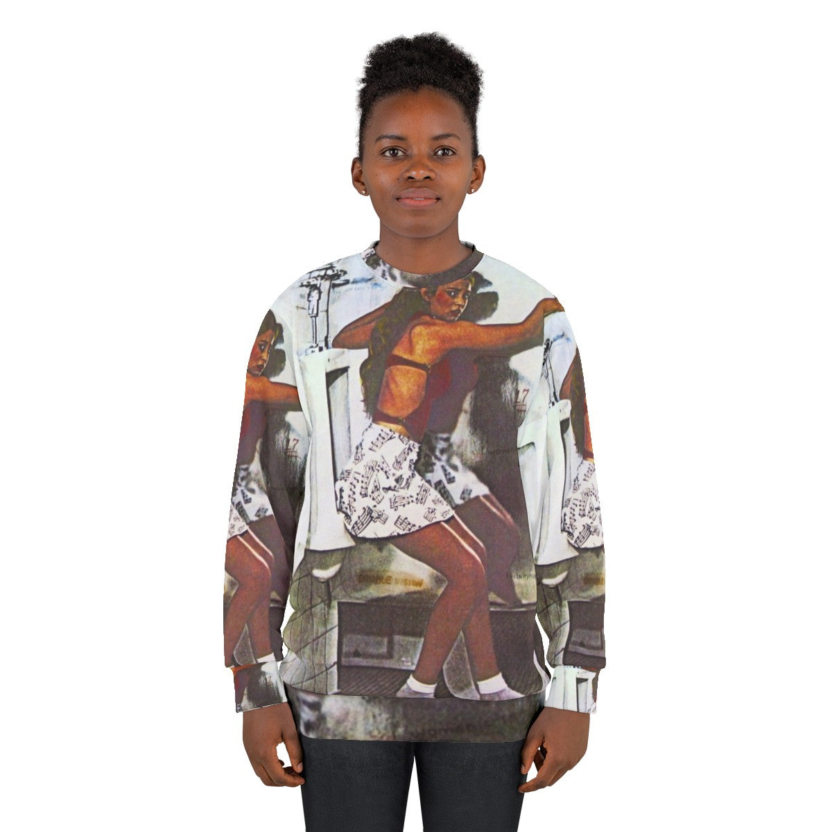 Classic rock-inspired sweatshirt design featuring a guitar icon and music album artwork - women