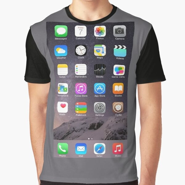 Minimalist iPhone Graphic T-Shirt with iOS Homescreen Design