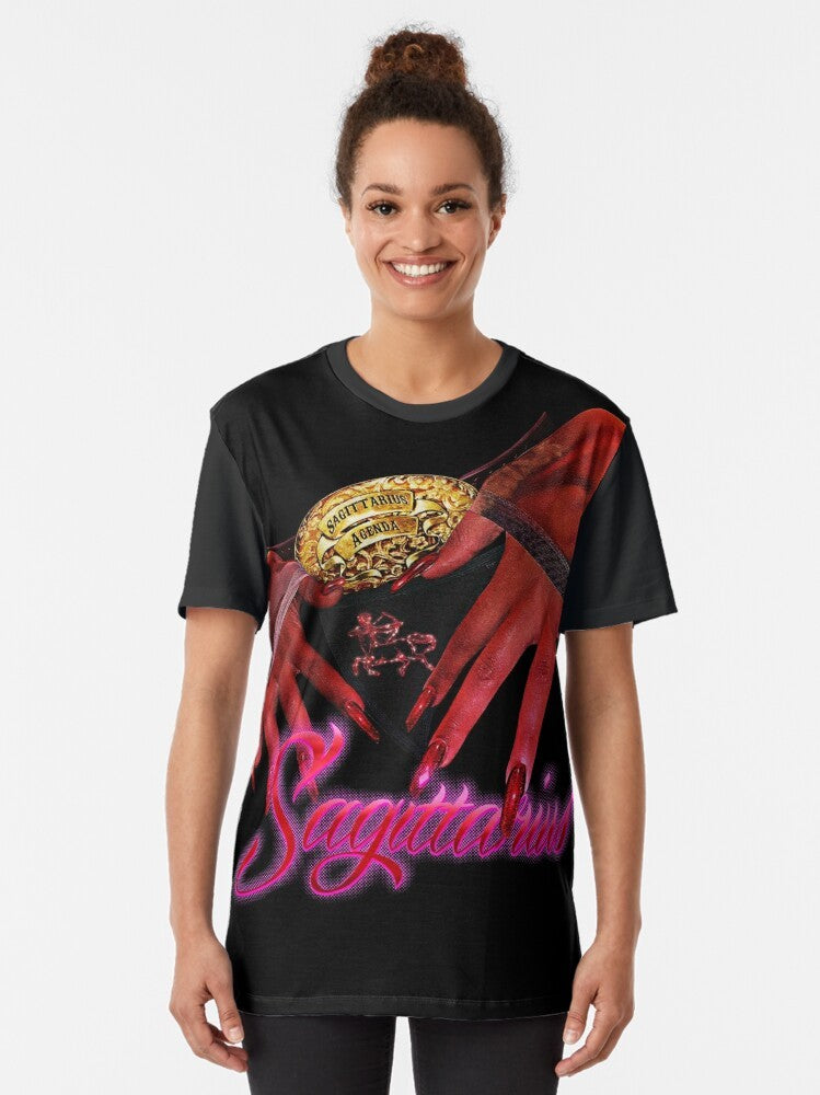 Sagittarius zodiac sign graphic t-shirt with cosmic and galaxy design - Women