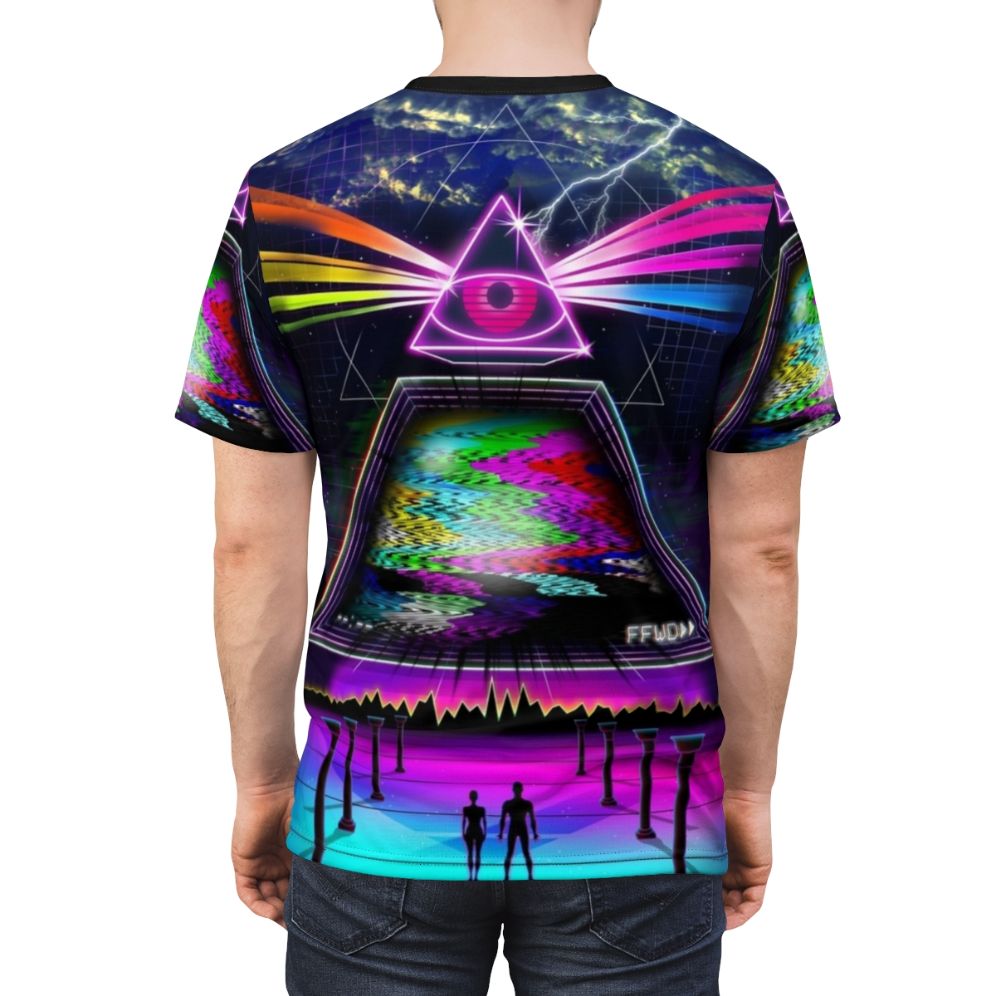 Retro glitch 80s t-shirt with cyberpunk style design featuring static, VHS, and retro elements. - men back