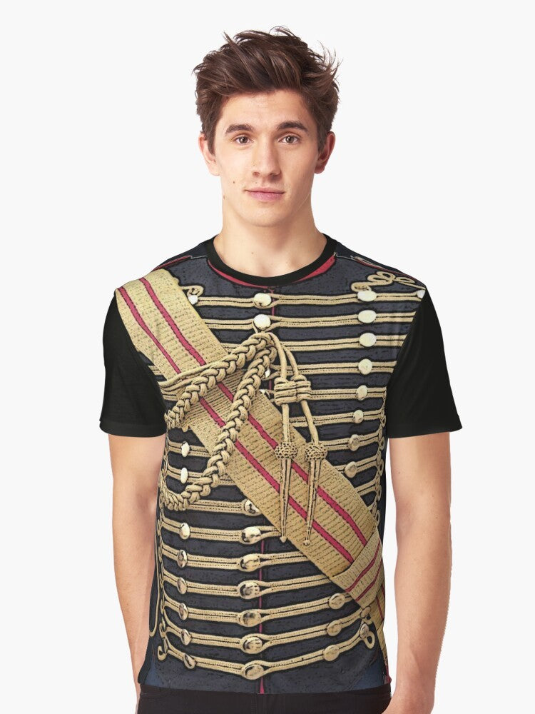 Graphic t-shirt featuring a simulated military uniform with a blue hussar jacket and gold trim - Men