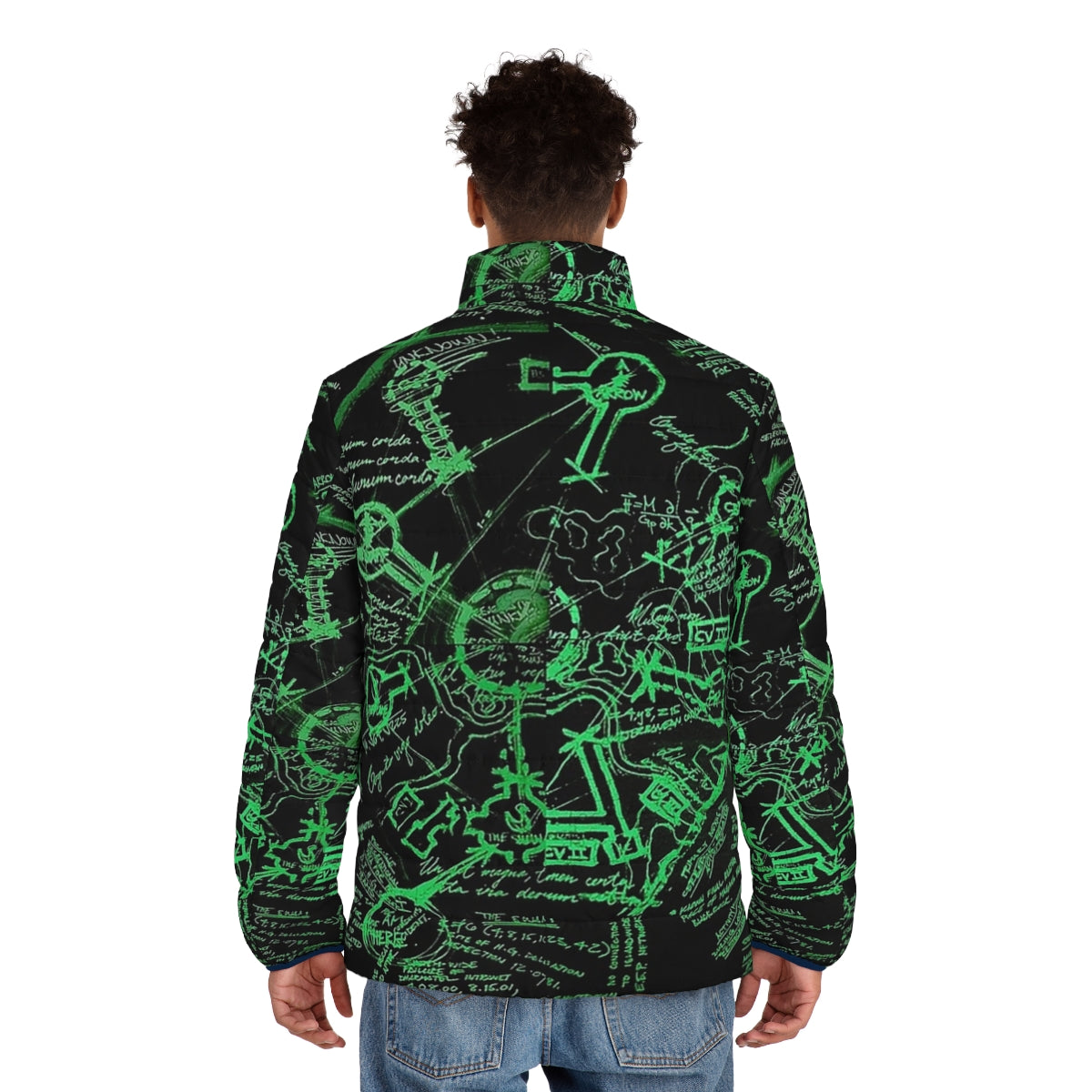 Día de los Muertos puffer jacket with sugar skull, skeleton, and floral design - men back