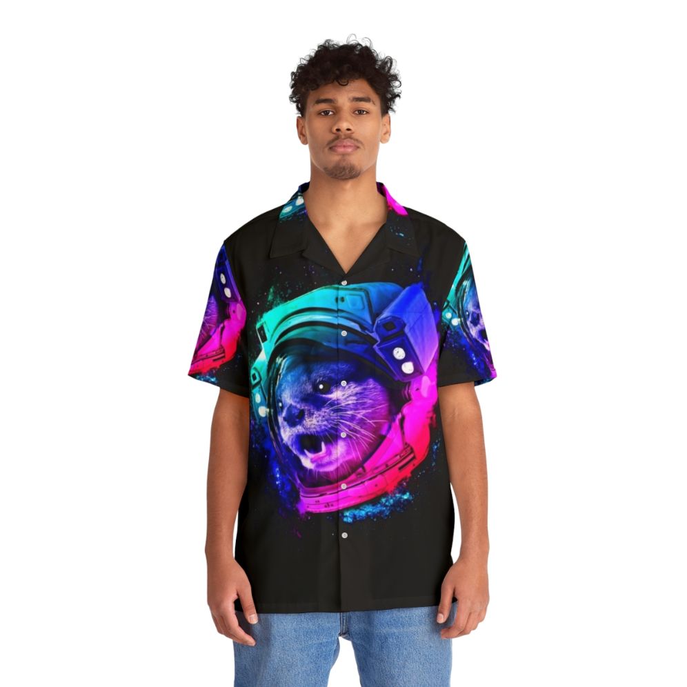 Otter Space Hawaiian Shirt with Galaxy Print and Rainbow Colors - People Front