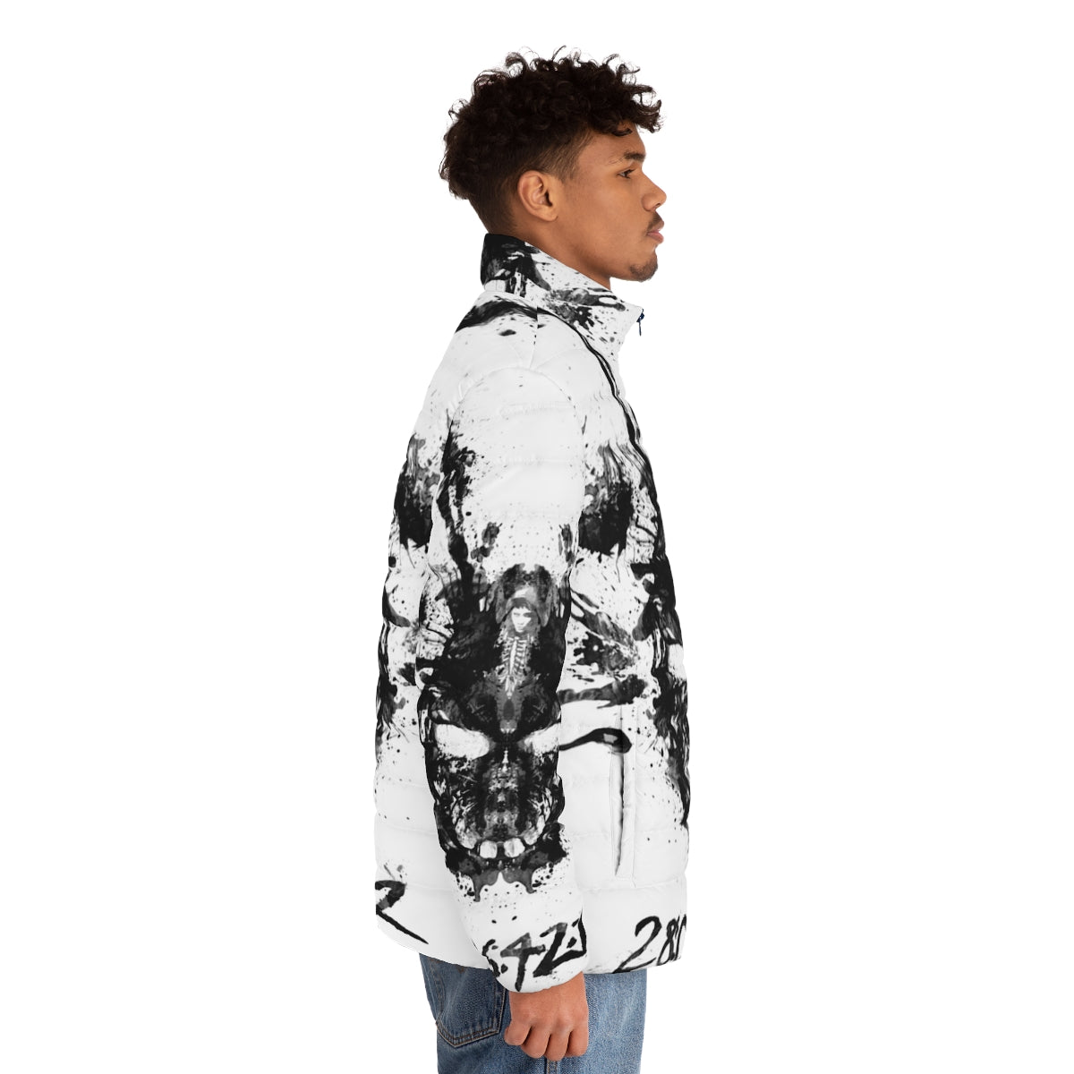 Donnie Darko inspired inkblot puffer jacket with a vintage, retro graphic design - men side right