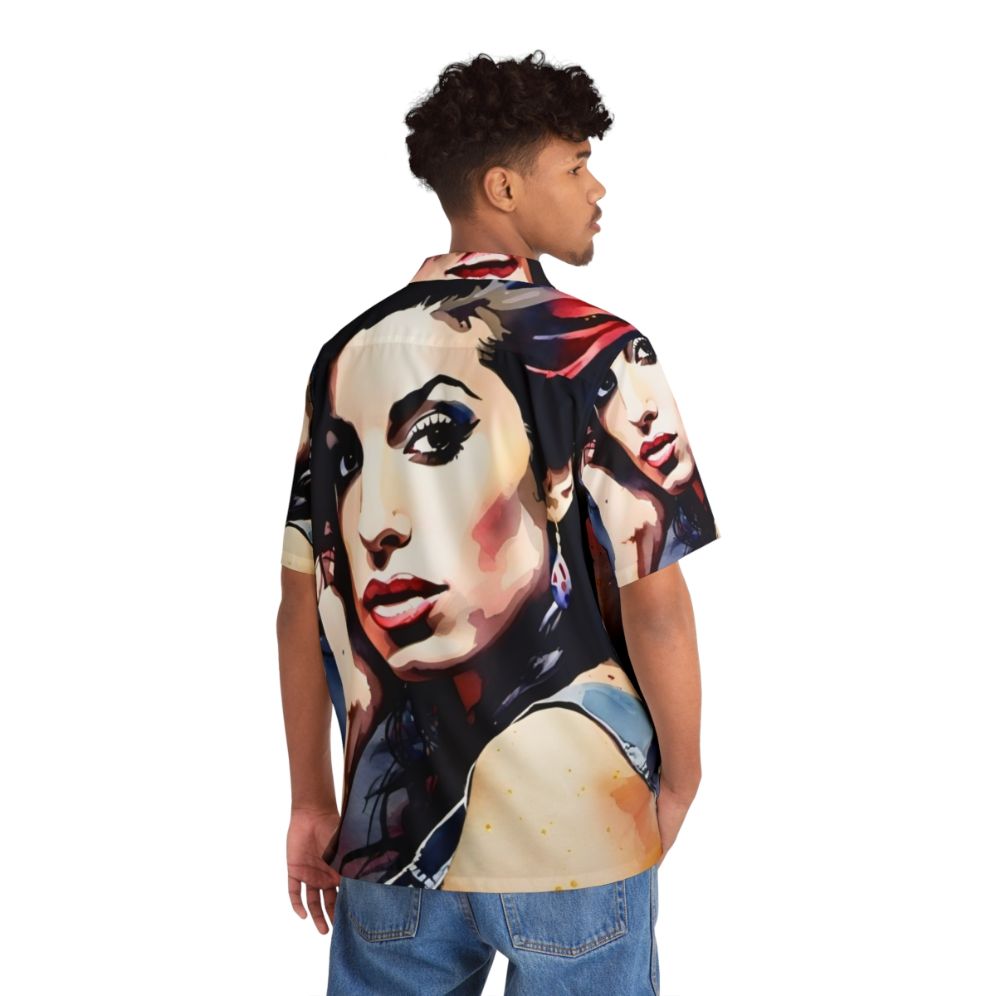 Amy Winehouse Hawaiian Shirt with Watercolor Design - Flat lay