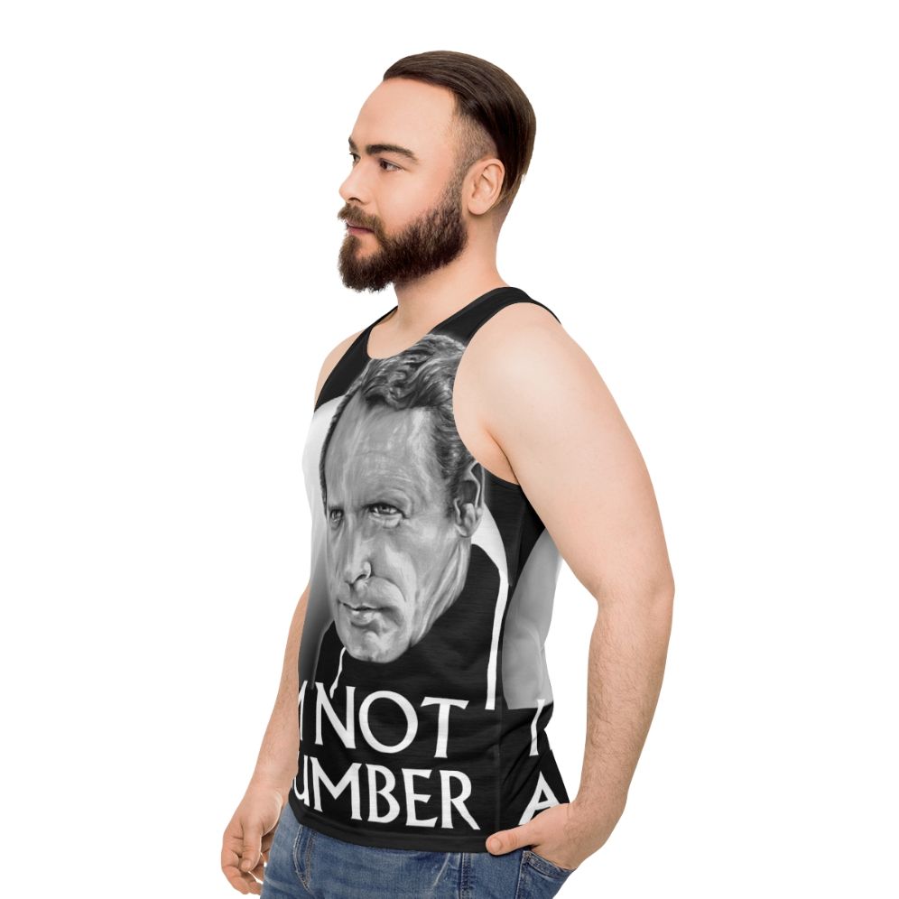 Unisex "I Am Not a Number" Tank Top from The Prisoner TV Show - men side