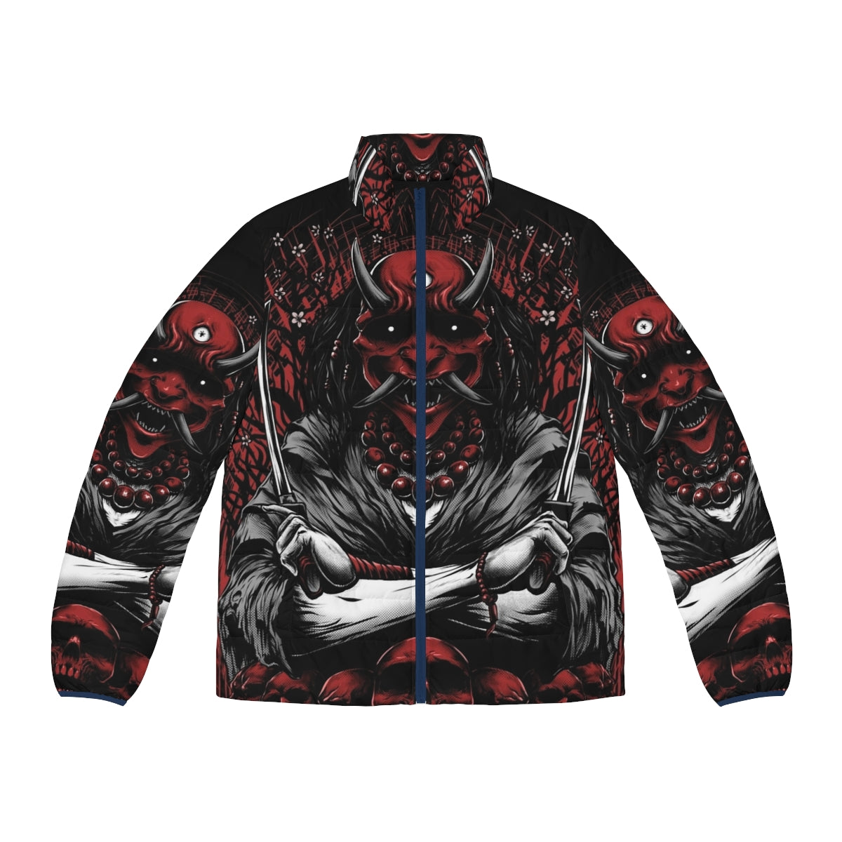 Oni Puffer Jacket featuring Japanese folklore demon and sakura flowers