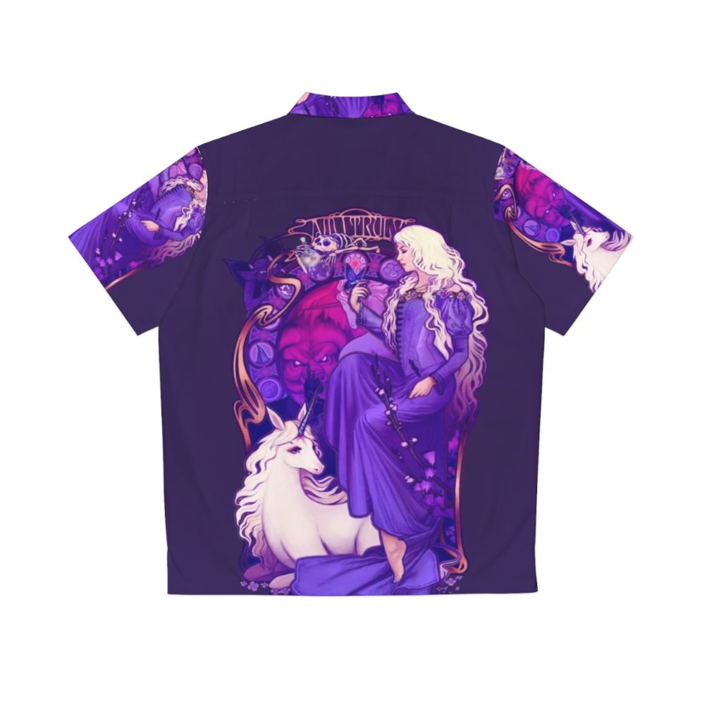 A vibrant Hawaiian shirt featuring the iconic imagery of the Last Unicorn - Back