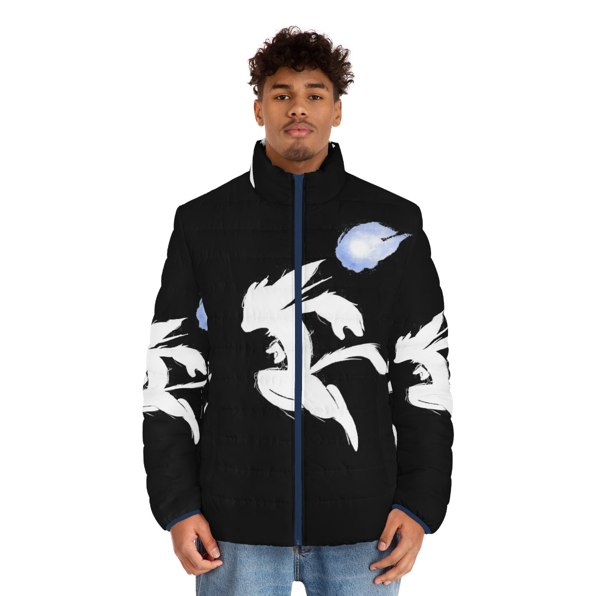 Ori and the Blind Forest inspired puffer jacket with watercolor forest design - men front