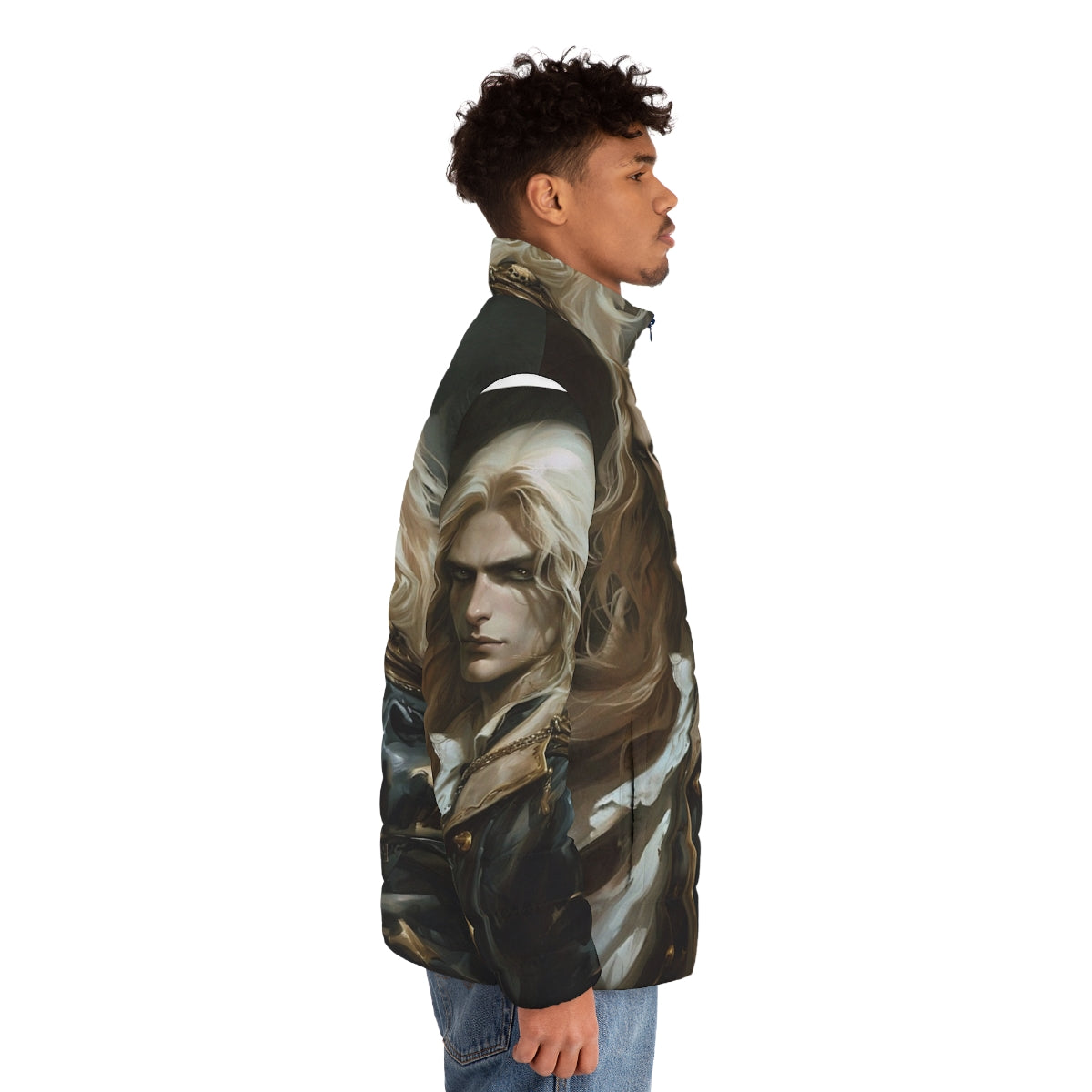 Alucard Castlevania Themed Puffer Jacket with Iconic Vampire and Gaming Imagery - men side right