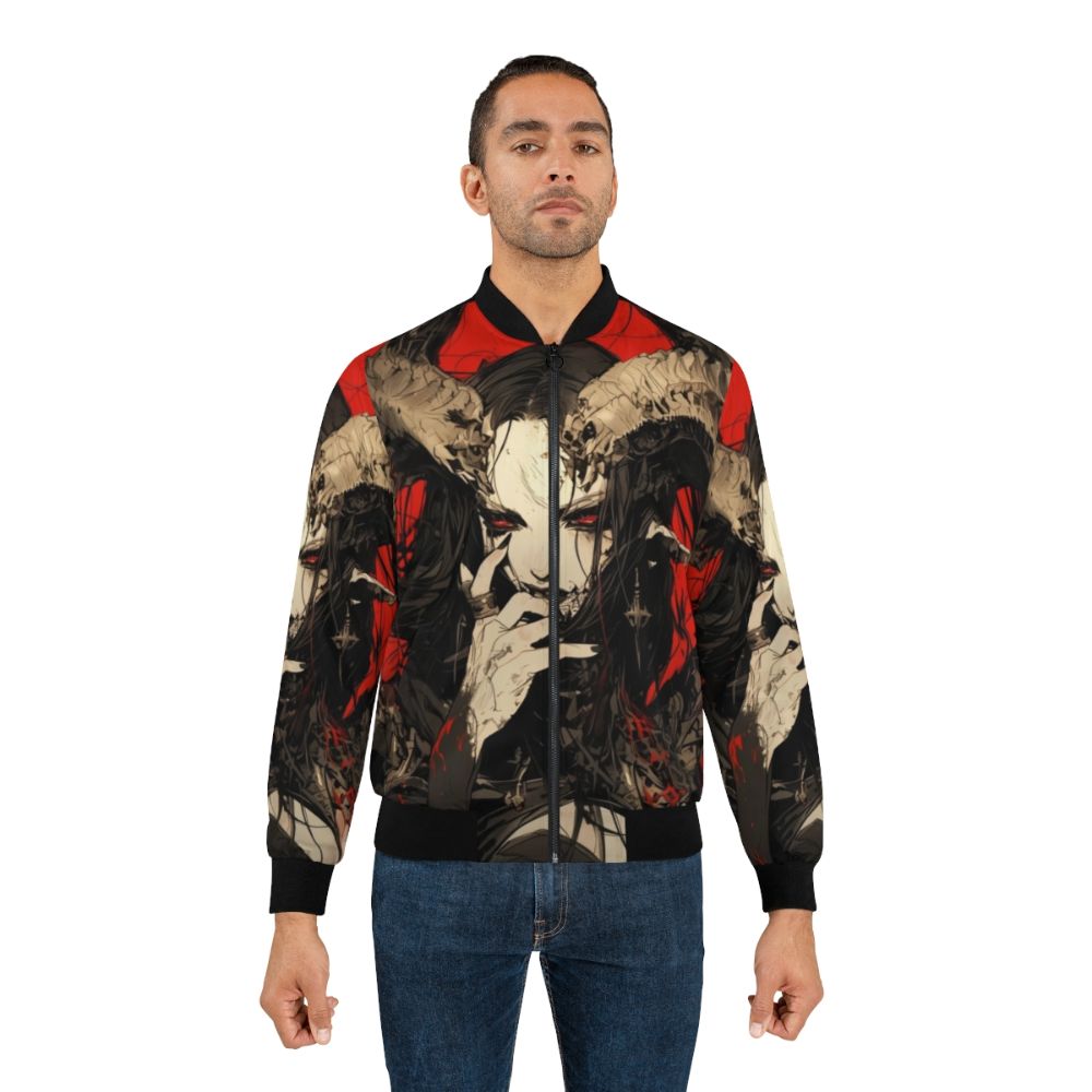 Horned demon bomber jacket with dark, goth design - Lifestyle