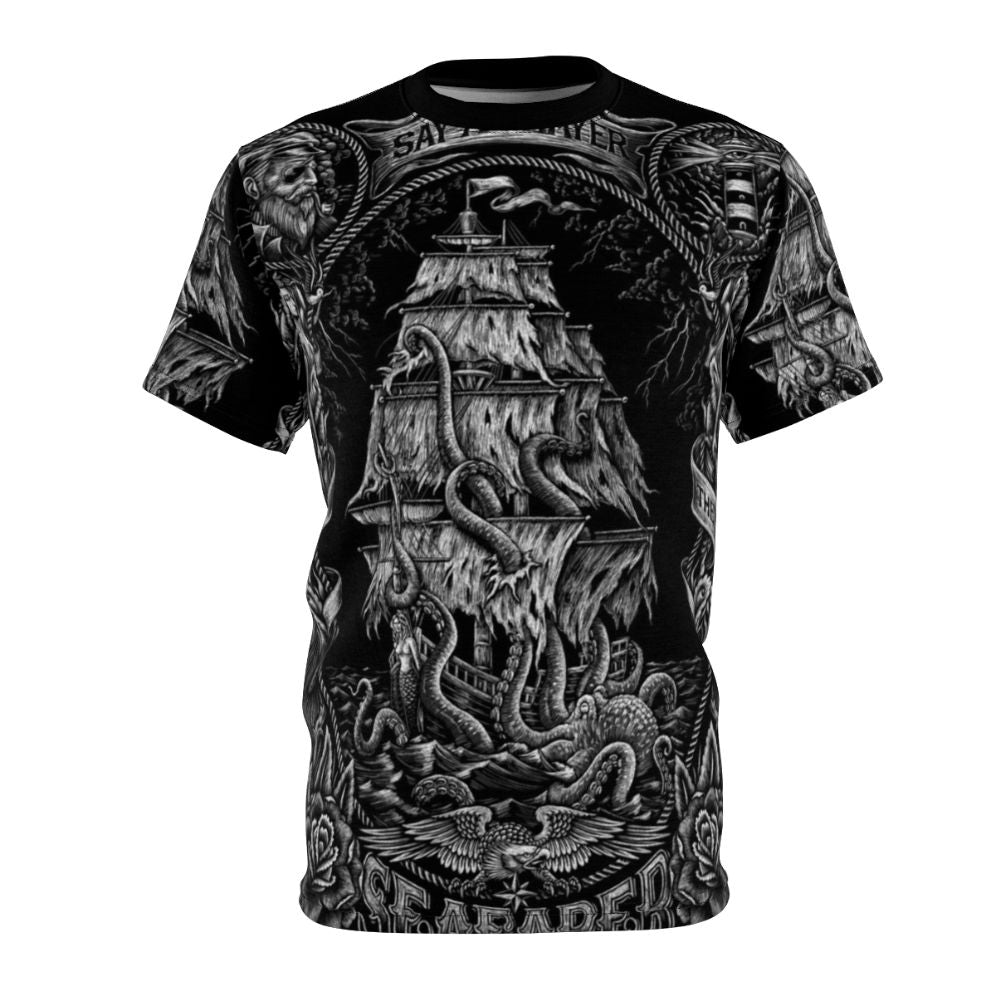 Vintage-style T-shirt with a hand-drawn illustration of a seafarer's prayer and nautical elements like an octopus and anchor.