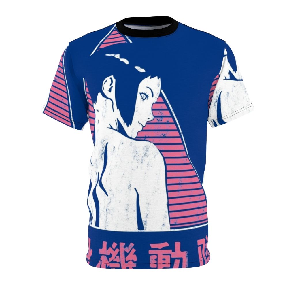 Retro-style anime t-shirt featuring a pink and white Ghost in the Shell-inspired design